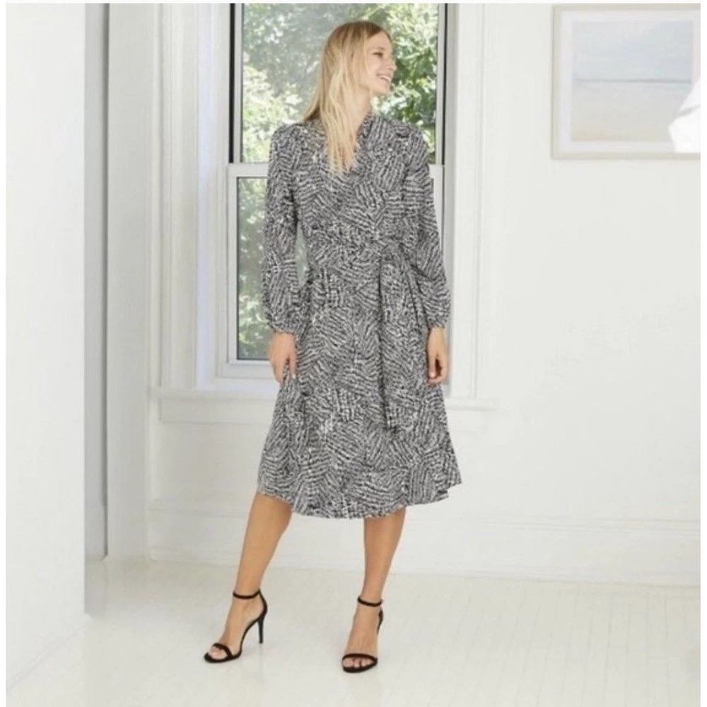 A New Day Women's Large Black White Abstract Print Wrap Midi Dress Tie Waist L